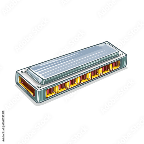 Cartoon harmonica illustration with silver cover and yellow reeds on black background