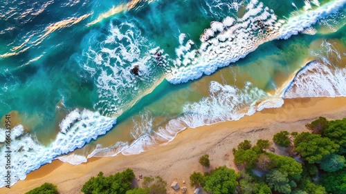 Stunning aerial video of ocean waves crashing on a golden sand beach surrounded by lush green tropical landscape.