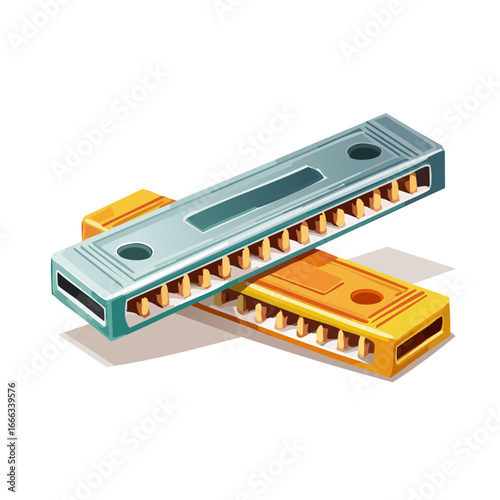 Stack of two harmonicas in yellow and blue, music instrument art