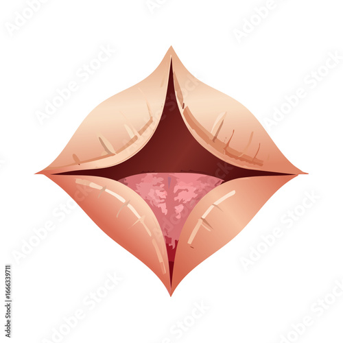 Open mouth graphic illustration with parted lips and tongue isolated over black expressive female mouth