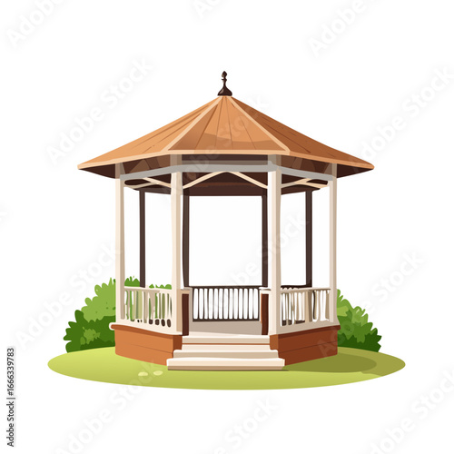 Illustrated gazebo pavilion scene on green grass surrounded by bushes summer garden architecture structure building