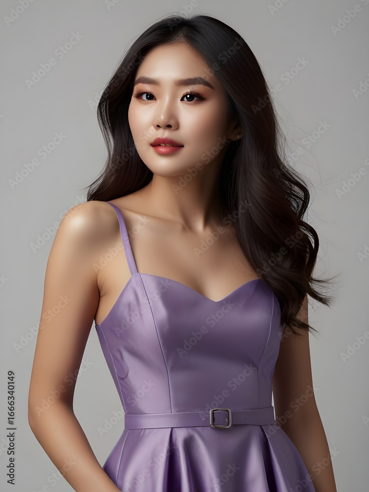 Fototapeta premium Stylish Woman in Lavender Satin Dress with Sweetheart Neckline and Belted Waist