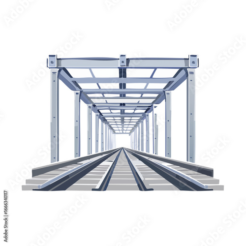 Train tracks run under a concrete structure, receding into darkness. Architectural illustration on black background.