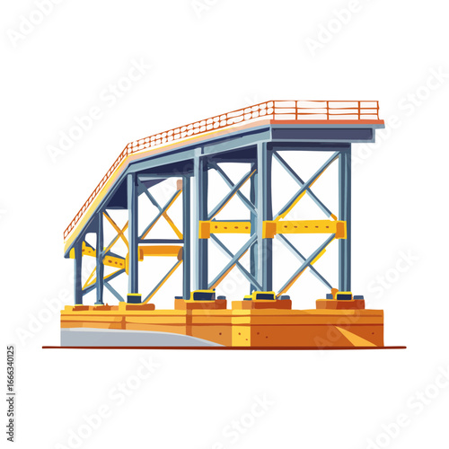 Illustration of an elevated platform under construction with blue beams and yellow supports.