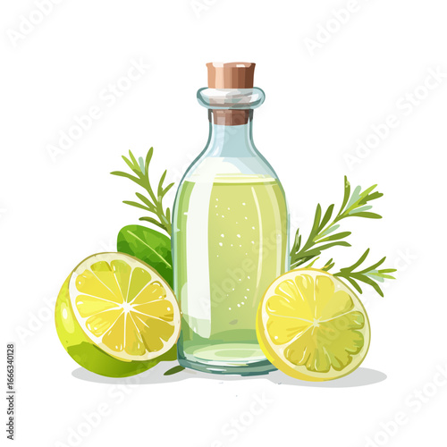 Bottle with citrus oil or essence alongside halved lemons and sprigs of rosemary on dark background