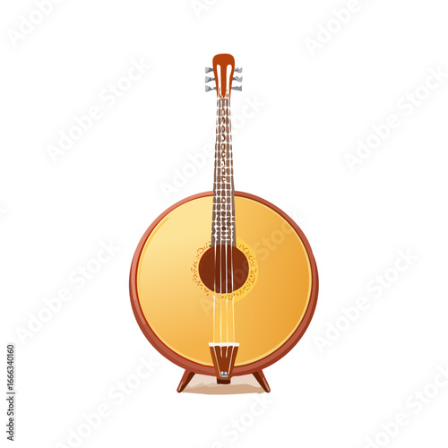 Ornate round string instrument stands isolated on black for folk music concepts.