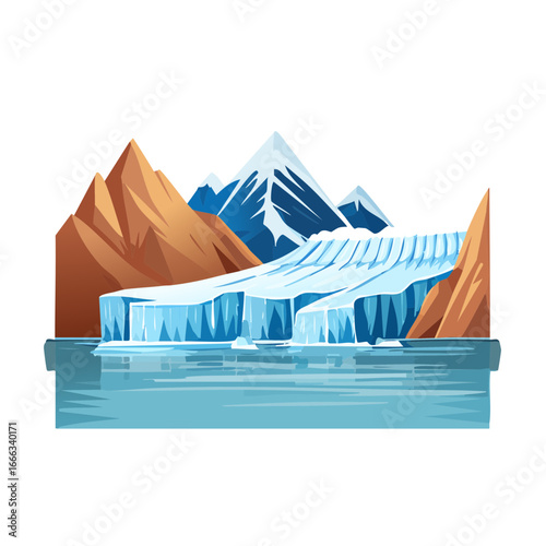 Glacier landscape vector illustration with mountains, water and ice formations in an arctic environment background