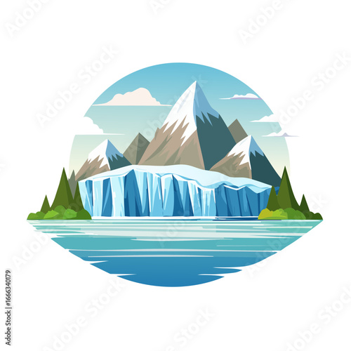 Arctic landscape with glacier, mountains and water surface. Vector illustration.