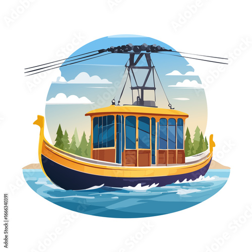Yellow Funicular Gondola Gliding Over Water with Forest and Sky Background Vector Illustration