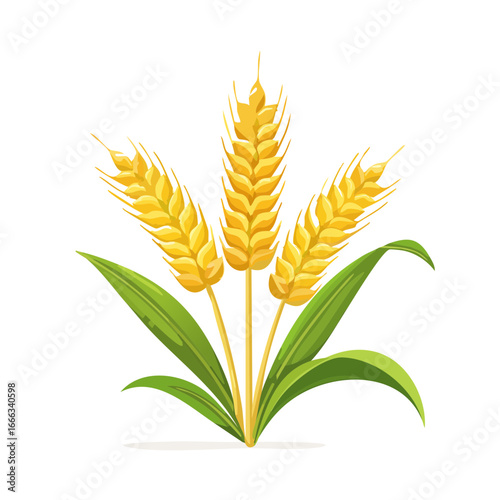 Cartoon illustration of wheat stalks with green leaves on a black background. Agriculture, harvest, healthy eating.