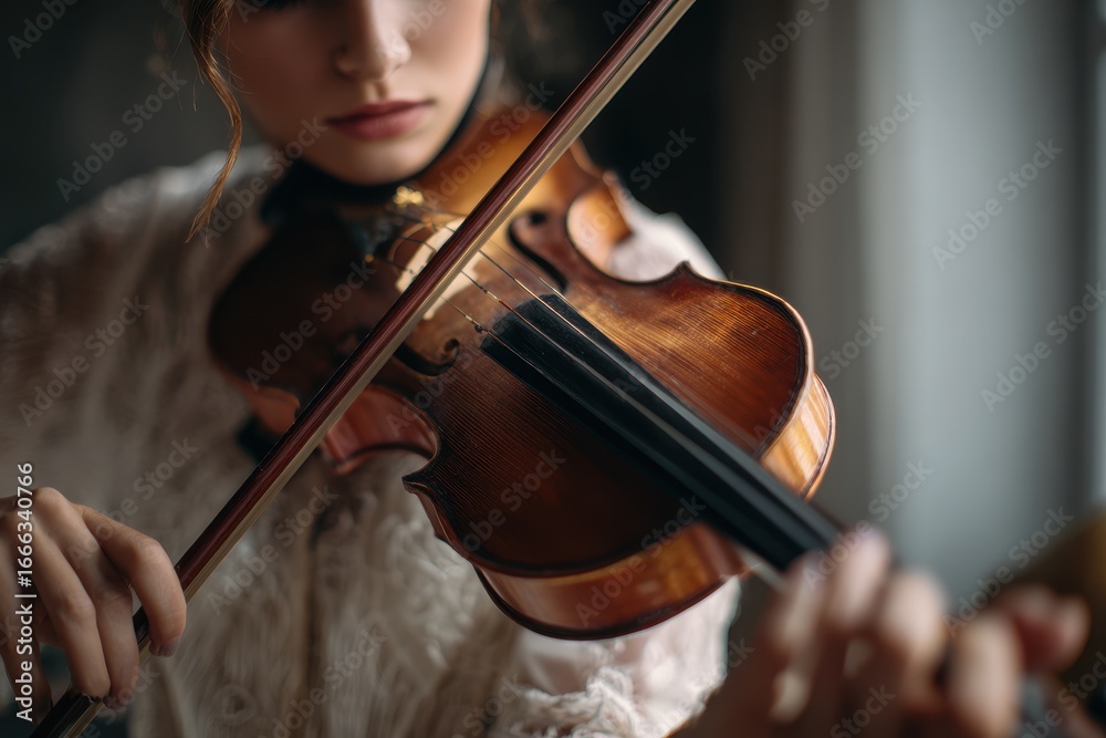 Teen Playing Violin at Home: Beautiful Girl Learning Musical Skills with Violin Bow Teen Playing Violin at Home: Beautiful Girl Learning Musical Skills with Violin Bow