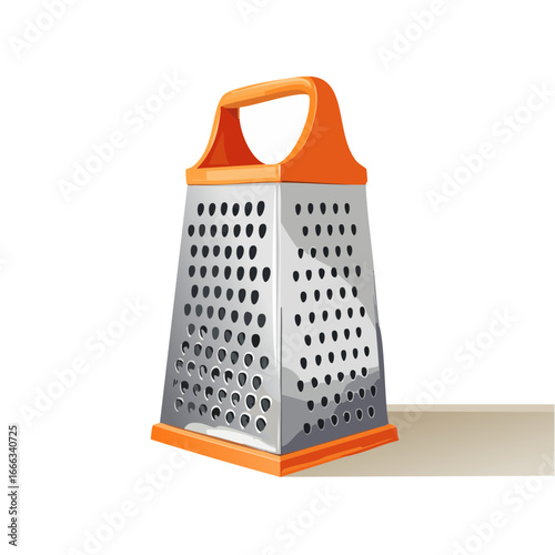 Metal grater with orange handle for cheese or vegetables in kitchen tools theme