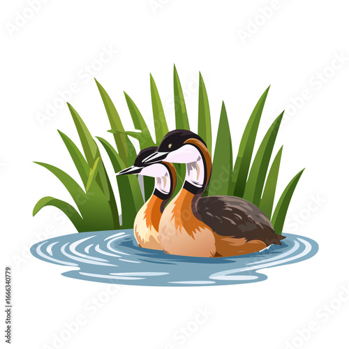 Pair of red necked grebes swimming in water with reeds birds wildlife cartoon drawing colorful nature illustration pond