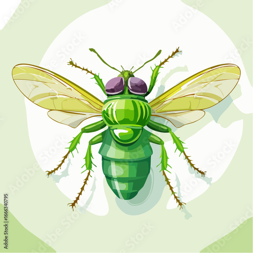 Vibrant green fly illustration detailed insect wings purple eyes antennae ecology entomology nature study vector graphic biology