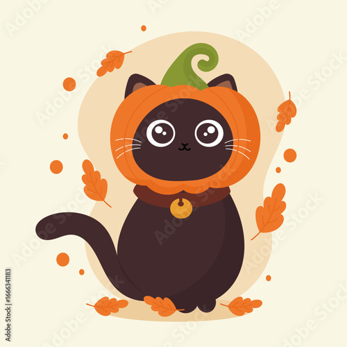 Cute Black Cat Wearing a Halloween Pumpkin Hat