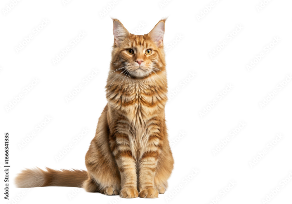 Obraz premium A majestic ginger tabby Maine Coon cat with shaggy fur, ear tufts, and wise golden eyes sits calmly on a transparent studio background with copy space, serene companion comfort