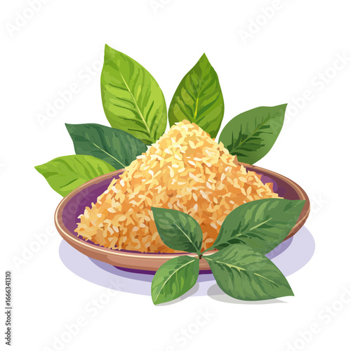 Rice mountain on plate with green leafy garnish cuisine illustration vegetarian healthy food diet