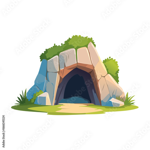 Stone Cave Entrance with Greenery Cartoon Illustration Vector, Rock Shelter, Wilderness, Nature, Illustration, Art