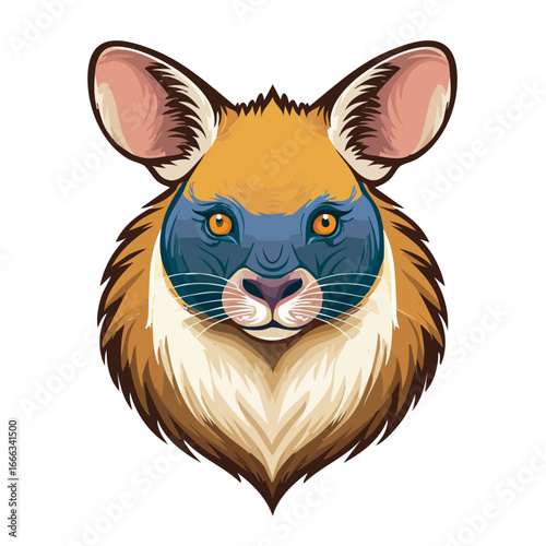 Spectacled Hare Wallaby Head Graphic Illustration Facing Forward on Black Backdrop
