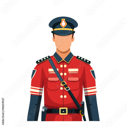 Cartoon Illustration of a Law Enforcement Officer Wearing Red Uniform and Hat on Black Backdrop
