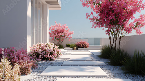 Beautiful garden terrace with pink blossoms and modern pathways creating a serene outdoor space in bright daylight
