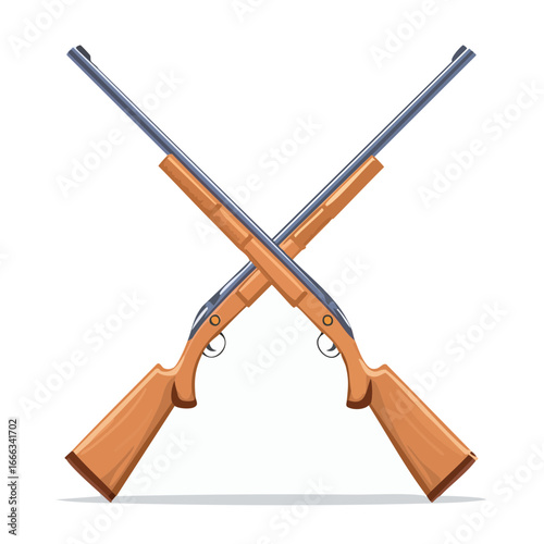 Crossed hunting shotguns illustration. Two vintage wooden and metal firearms in x formation. Vector art design for hunting theme.