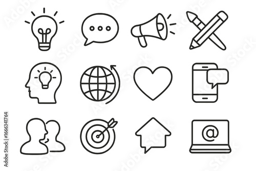 Communication and creativity line icon set. Business marketing, social media, and strategy symbols. Vector collection with idea bulb, target, chat, and global network icons.