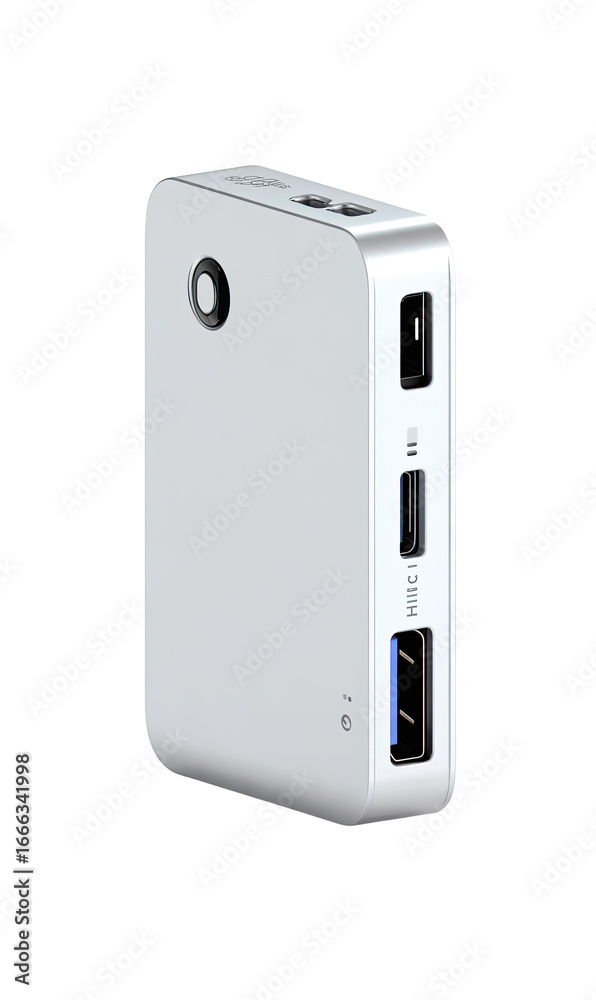 Fototapeta premium Portable, rectangular power bank, light gray color. Features multiple ports