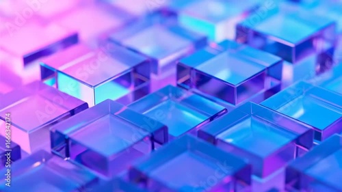 Abstract Glass Cubes: Modern Geometric Design with Blue and Pink Lighting