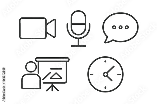 Communication and meetings line icon set. Video, audio, chat, clock and presentation symbols for business conference, webinar, virtual call and online communication.