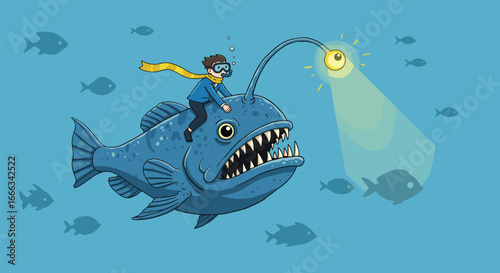 Fantasy underwater ride, anglerfish adventure, deep sea exploration, cartoon diver, ocean creature, glowing lure, imaginative marine concept