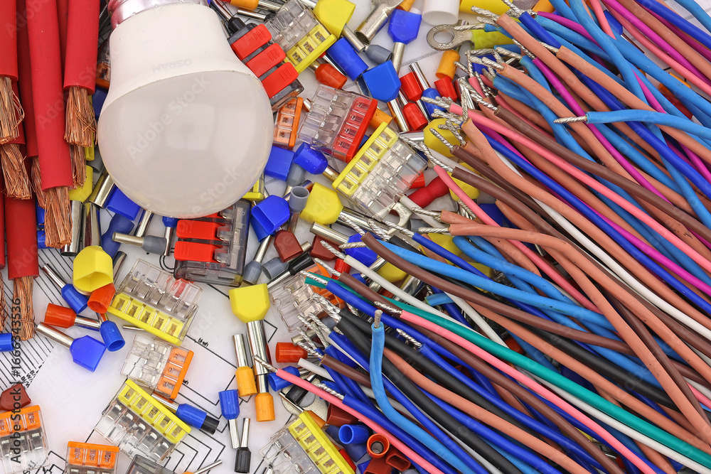 Fototapeta premium Materials for assembling the electrical control panel. Close-up. Soft focus. 