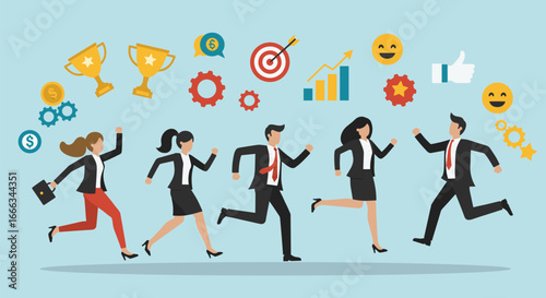 Business success, team motivation, corporate race, goal achievement, ambition, progress, competition, leadership, teamwork, professional growth