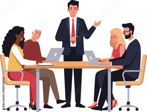 Male leader presenting to a diverse corporate team during a business meeting illustration.