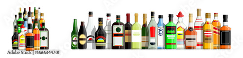 Many various bottles of alcohol drinks in a row. Collection of flat style beverages. Minimalist bar drinks for celebration or party concept.