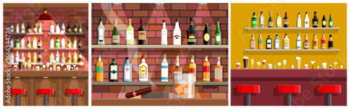 Set of three different flat style bar interior designs with an assortment of alcohol bottles and drinks on shelves, bar counter, and stools.