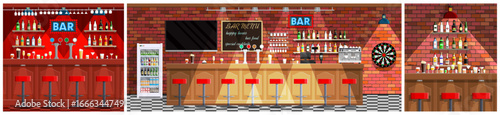 Interior of pub, bar, cafe. Concept of night life, alcohol, beer, cocktail. For party, restaurant, menu.
