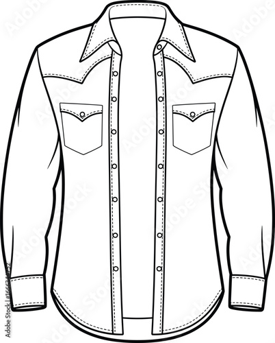 Technical drawing of a classic cowboy western shirt, detailed vector illustration with snap buttons, pointed yokes, and flap pockets, ideal fashion template.
