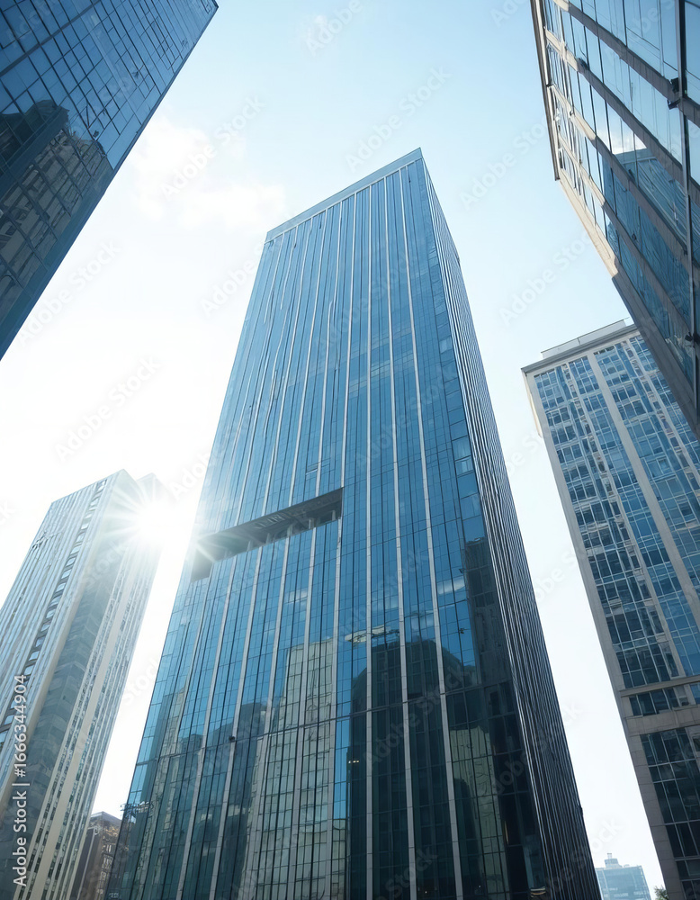 Naklejka premium Modern glass skyscraper with sunlight in business district 