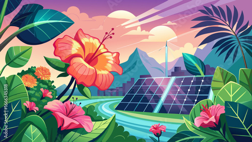 Sustainable harmony unfolds as pink hibiscus blooms flourish near solar panels in tropical setting, merging nature’s beauty with renewable energy, timeless vision blending vibrant ecology and radiant 