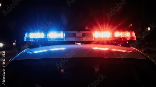 close up of red and blue Emergency responders bright flashing lights at night on police car