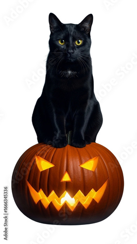 Black cat sitting on glowing jack o lantern pumpkin, spooky Halloween pet symbol, mysterious feline with yellow eyes, dark holiday background