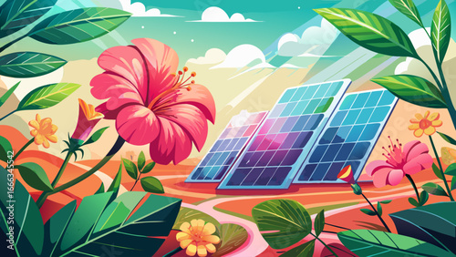 Sustainable harmony unfolds as pink hibiscus blooms flourish near solar panels in tropical setting, merging nature’s beauty with renewable energy, timeless vision blending vibrant ecology and radiant 