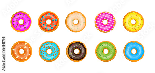 Set of various colorful glazed donuts with sprinkles. Sweet dessert collection for bakery menu, cafe decor, food advertisement.