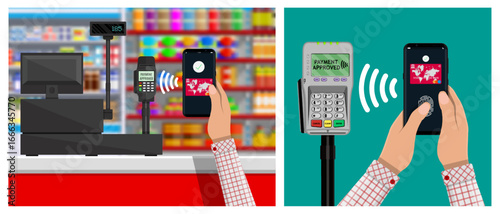 Man hand making contactless payment with smartphone at store checkout and terminal. Secure electronic transaction concept for online shopping.