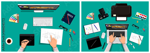 Man designing car in graphic editor. Automotive designer working at desk. Creative workspace concept.