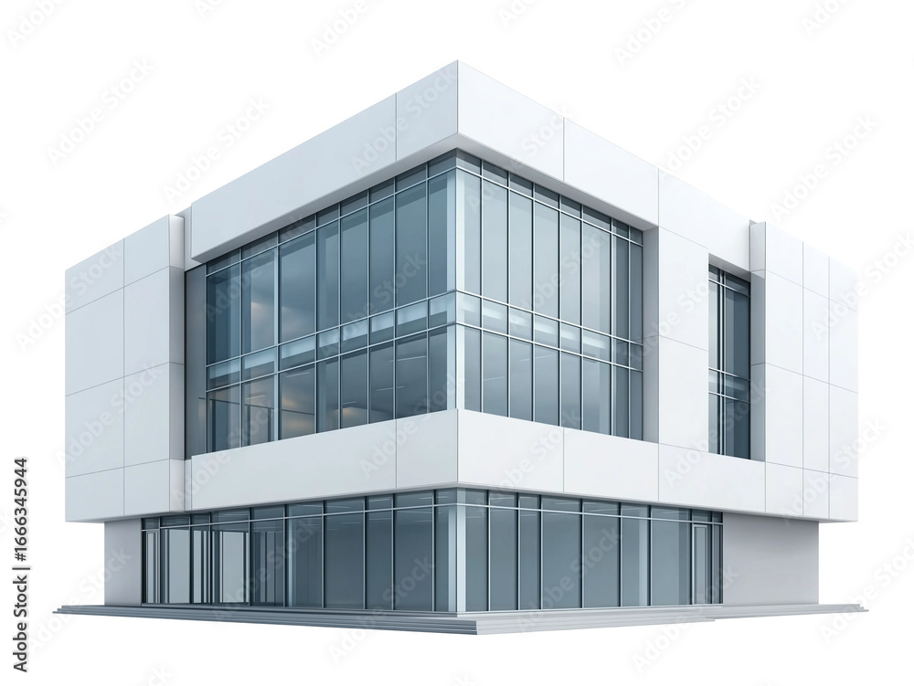 Fototapeta premium A modern three-story office building with large glass windows on transparent background, cutout