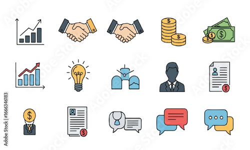 Business and finance icons set, color vector illustration