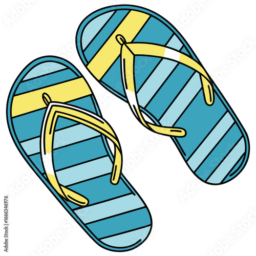 A pair of flip-flops. They have a striped pattern on the soles with alternating shades of blue and a yellow band. The straps are also yellow, with a white accent where they meet the sole.