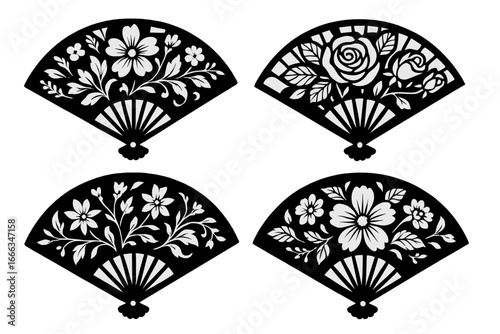 Set of four decorative hand fans with floral lace patterns. Black and white silhouette vector collection. Elegant oriental design for laser cut, paper craft, stencil, decoration.